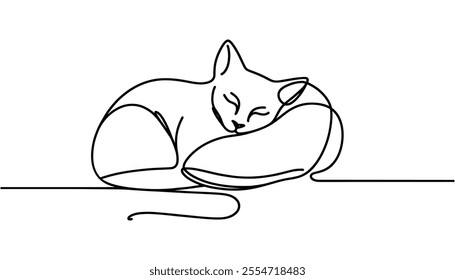 A beautiful kitty with is sleeping sweetly. A continuous line. Vector illustration drawn with a single line.