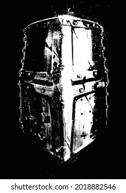 A beautiful knight painted shiny helmet of an experienced knight Templar, it is chipped with scratches and dents, painted with texture brushes in white on black with blotches. 2d illustration