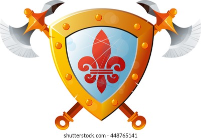 Beautiful knight shield with two crossed axes on white background