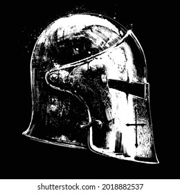 A beautiful knight's painted shiny helmet of an experienced knight, it is covered with chips, scratches and dents, painted with texture brushes with blotches on a black background with a white spot 2D