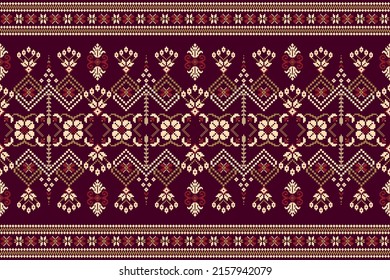 Beautiful knitted embroidery.geometric ethnic oriental pattern traditional on crimson background.Aztec style,abstract,vector illustration.design for texture,fabric,clothing,wrapping,decoration,carpet.