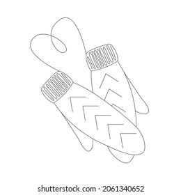 Beautiful knitted mittens with a pattern. Cozy in winter. Suitable for the design of festive typography, websites, for use in the form of icons. Vector outline illustration 