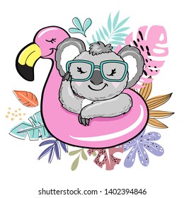 Beautiful koala on an inflatable flamingo and tropical leaves on a white background