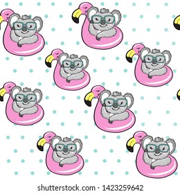 Beautiful koala on an inflatable flamingo seamless pattern on a white background