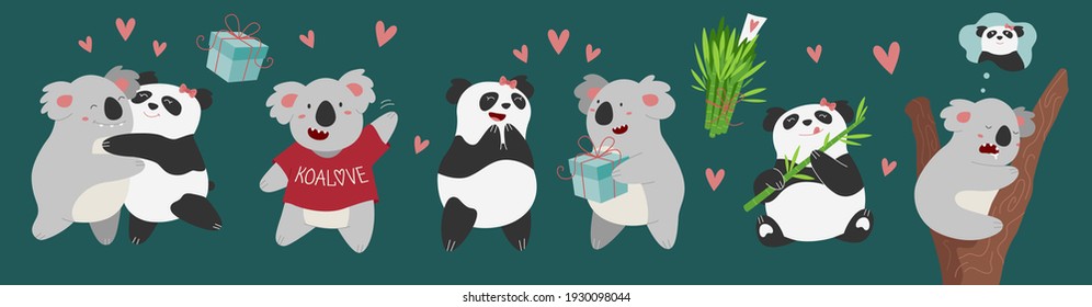 Beautiful koala and panda bear banner wallpaper design. Holiday celebration. Love poster. Vector background. Banner background. Holiday background for banner or poster. Saint Valentines Love concept poster set