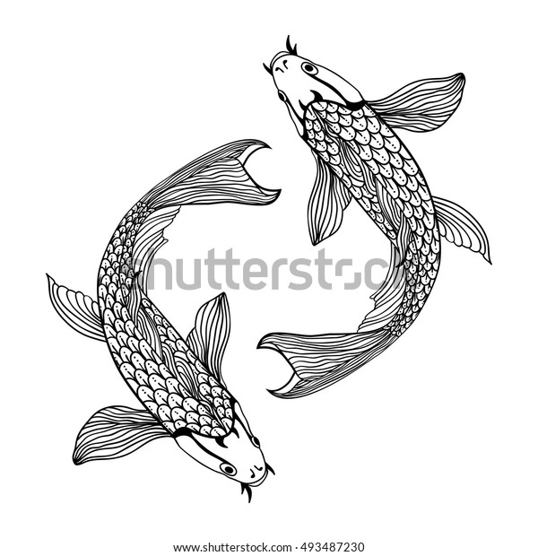 白黒の美しい鯉の魚イラスト 愛 友情 繁栄の象徴 のベクター画像素材 ロイヤリティフリー