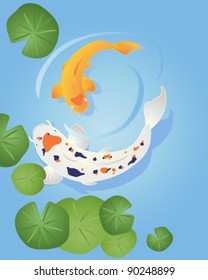 beautiful koi carp swimming in blue water with green water lily leaves vector illustration in eps 10 format