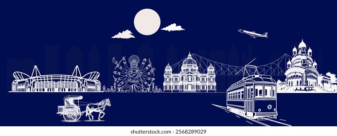 Beautiful Kolkata City Skyline with Dakshineswar Kali Temple and Durga Puja Art