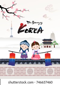 The Beautiful of Korea (A child couple character in Korean traditional hanbok costume welcomes a visit to Korea.) The Beautiful of Korea (A child couple character in Korean traditional hanbok costume welcomes a visit to Korea.)