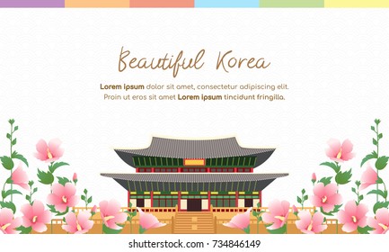 Beautiful Korea Background Vector illustration. Traditional Korean palace with Korean national flower " Mugunghwa "