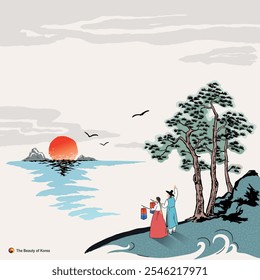 Beautiful Korea, couple wearing Hanbok to welcome New Year, sunrise over the sea, ink painting landscape, Korean traditional painting vector illustration.