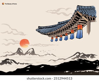 Beautiful Korea, majestic sunrise and Maisan peak, lanterns on the eaves of Hanok, nature landscape, ink painting, Korean traditional painting vector illustration.