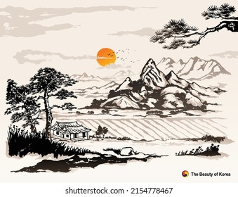 Beautiful Korea, mountains, pine trees, hanok, rural nature landscape, ink painting, Korean traditional painting vector illustration. - Shutterstock ID 2154778467