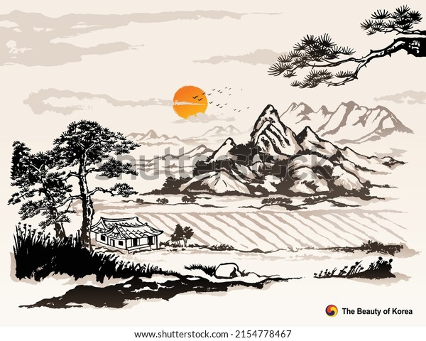 Beautiful Korea, mountains, pine trees,
hanok, rural nature landscape, ink painting, Korean traditional
painting vector
illustration.