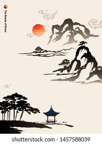 Beautiful Korea, mountains, trees, houses, calligraphy brush painting, natural scenery, Korean traditional painting vector illustration.
