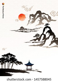 Beautiful Korea, mountains, trees, houses, calligraphy brush painting, natural scenery, Korean traditional painting vector illustration.