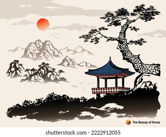 Beautiful Korea, nature landscape with sunrise and hanok, ink painting, Korean traditional painting vector illustration.