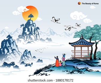 Beautiful Korea, new year sunrise and natural scenery, family wearing traditional hanbok, Korean traditional painting vector illustration.