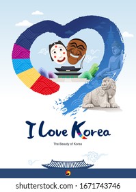 Beautiful Korea. Traditional cultural assets, mask, palace, heart shape brush vector. I love korea