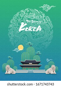 Beautiful Korea. Traditional palace, legendary animal haetae stone statue, Joseon dynasty dragon pattern vector illustration.