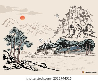 Beautiful Korea, tranquil nature landscape with sunrise and Hanok, ink painting, Korean traditional painting vector illustration.