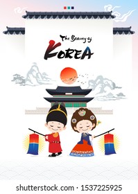 Beautiful Korea. Welcome to Korea, children's characters dressed in traditional fences and palace hanbok.