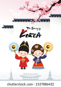 Beautiful Korea. Welcome to Korea, children's characters dressed in traditional fences and palace hanbok.