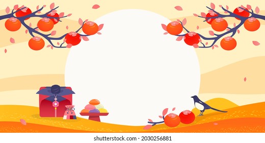 Beautiful Korean Chuseok Autumn Background vector illustration. Persimmon branch in fall landscape