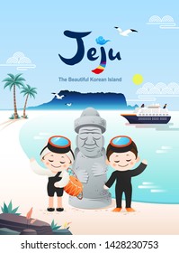 Beautiful Korean Island, Jeju. Beach and stone grandfather background, traditional female divers and male divers welcome to visit Jeju Island.