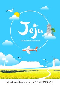 Beautiful Korean Island, Jeju. Blue sky and plane, yellow rapeseed field background. Jeju Island Spring Trip.