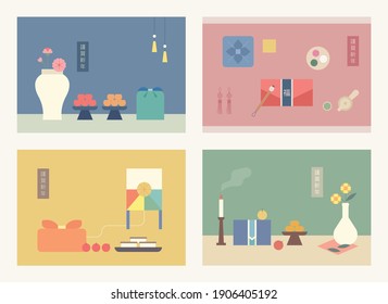 Beautiful Korean traditional culture. Card design with food and traditional gift packaging and vases flat design style minimal vector illustration. Chinese translation: Happy new year, Luck