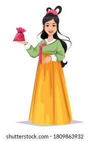 Beautiful Korean woman. Chuseok Hangawi, Korean Thanksgiving day, mid-autumn festival. Vector illustration on white background