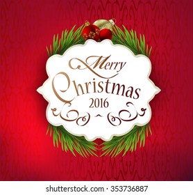beautiful label Christmas decor on a red background, New Year's party in 2016