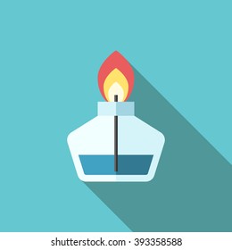Beautiful laboratory burner with flame and wick on blue background with long shadow. Flat style icon. Science, chemistry, lab concept. EPS 8 vector illustration, no transparency