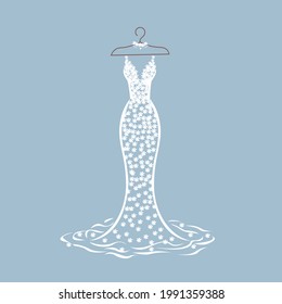 A beautiful lace dress hangs on a hanger for a wedding, evening or prom. Beauty and fashion. Background vector illustration template for invitation, flyer or card.