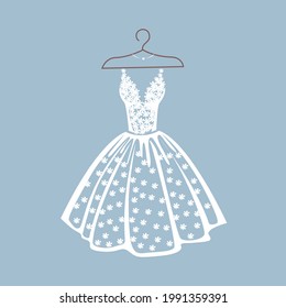 A beautiful lace dress hangs on a hanger for a wedding, evening or prom. Beauty and fashion. Background vector illustration template for invitation, flyer or card.