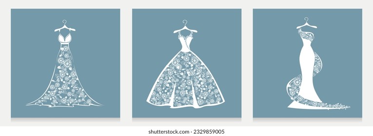 A beautiful lace dress hangs on a hanger for a wedding, evening or prom. Beauty and fashion. Set of background vector illustration template for invitation, flyer or postcard.