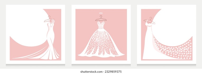 A beautiful lace dress hangs on a hanger for a wedding, evening or prom. Beauty and fashion. Set of background vector illustration template for invitation, flyer or postcard.