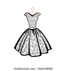 Beautiful lace dress on a hanger. Evening little black dress. Vector silhouette for decorating flyer, postcard or label