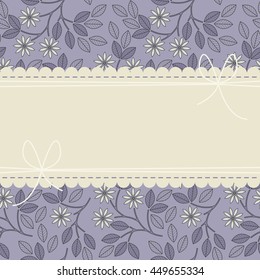 Beautiful lace frame with purple leaves and white flowers. Vector image.