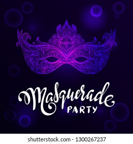 Beautiful lace masquerade carnival  mask. Concept design with hand drawn lettering for t-shirt print, poster, greeting card, party invitation, banner or flyer.
