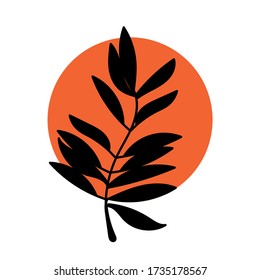 Beautiful laconic logo with a single leaf of a plant and sun. Fern or forest flowers on a circle background. Geometry, silhouette and nature. Stylish item. EPS 10