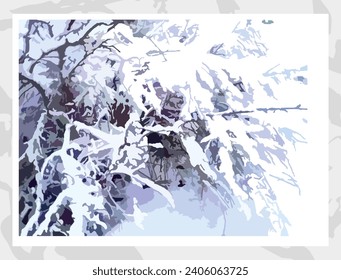 Hermoso fondo laconico de invierno para interiores o afiches. Ramas recubiertas de nieve de un árbol o arbusto en tonos fríos para impresiones y productos textiles, papel pintado y textiles, cubiertas, postales, etc.