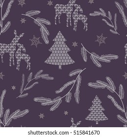 Beautiful lacy pattern featuring Christmas trees, snowflakes, pine branches and deer family on a pastel purple background. 