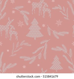 Beautiful lacy pattern featuring Christmas trees, snowflakes, pine branches and deer family on a dusty rose background. 
