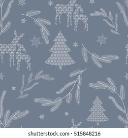 Beautiful lacy pattern featuring Christmas trees, snowflakes, pine branches and deer family on a blue background. 