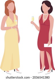 Hermosas damas que asisten a eventos formales con personajes vectoriales de color semiplano. Gente de cuerpo entero en blanco. Articulo de bodas aislado estilo de dibujos animados modernos ilustración para diseño gráfico y animación