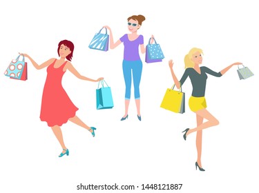 Beautiful ladies with many multicolored shopping bags. Different women body shapes and types. Happy girls are fashionably dressed and joyful. Vector illustration.