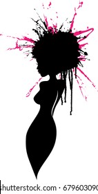 Beautiful lady body profile silhouette. Vector beauty and hair salon, fashion store or spa logo. Curvy woman figure with pink hair paint splatter.
