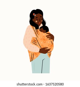 Beautiful Lady is carrying her kid. Newborn Baby child in Sling feeling love and protection from his mother. Family, lifestyle concept. Happy Mother's Day. Hand drawn vector illustration